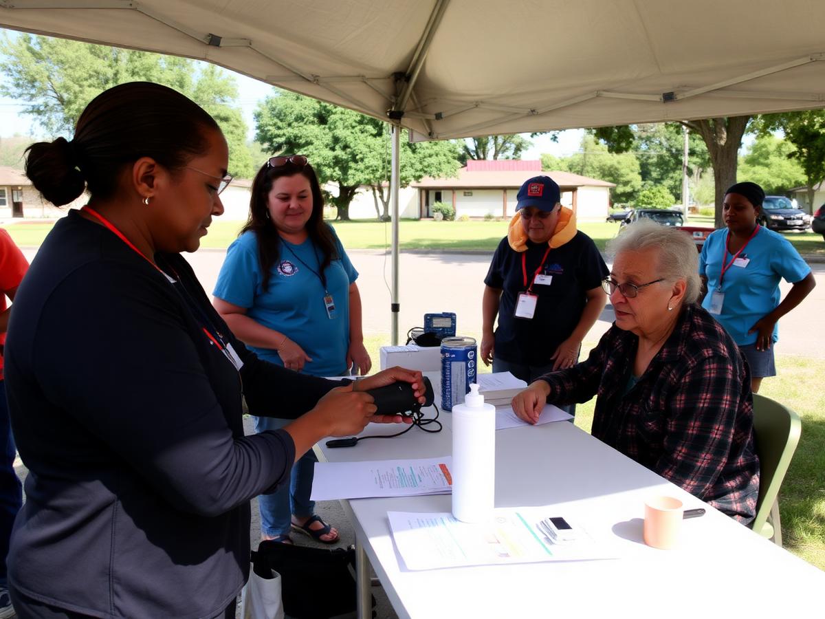 Nurse checking an elderly patient's blood pressure at an outdoor community health clinic