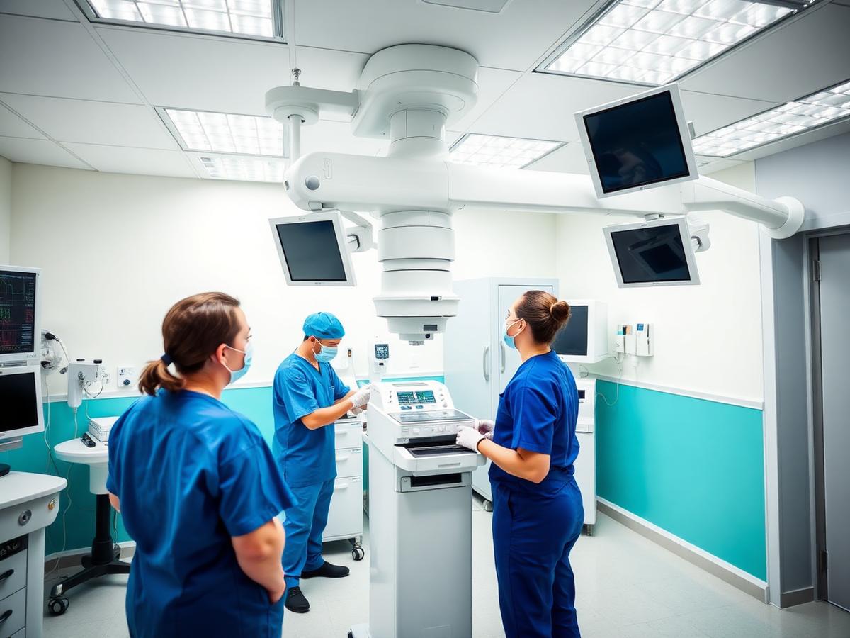 Clinical technicians installing new diagnostic equipment in a hospital room